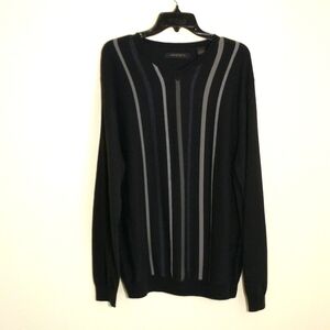 Axist, men's long sleeve v-neck sweater. Black with gray vertical stripes. L.